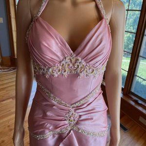 *Precious Formal Pink Taffeta Beads Empire  Halter Prom Formal Gown Dress Size 6